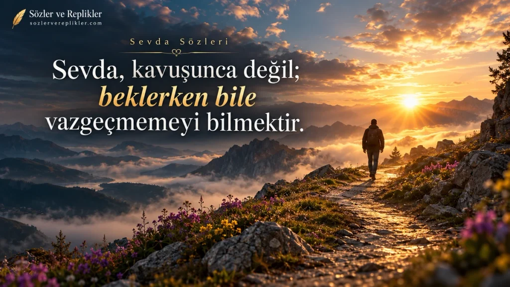 “Sevda, kavuşunca değil; beklerken bile vazgeçmemeyi bilmektir.” yazılı, dağların üzerinde güneş doğarken taşlı bir patikada yürüyen sırt çantalı kişinin görüldüğü resimli sevda sözü.
