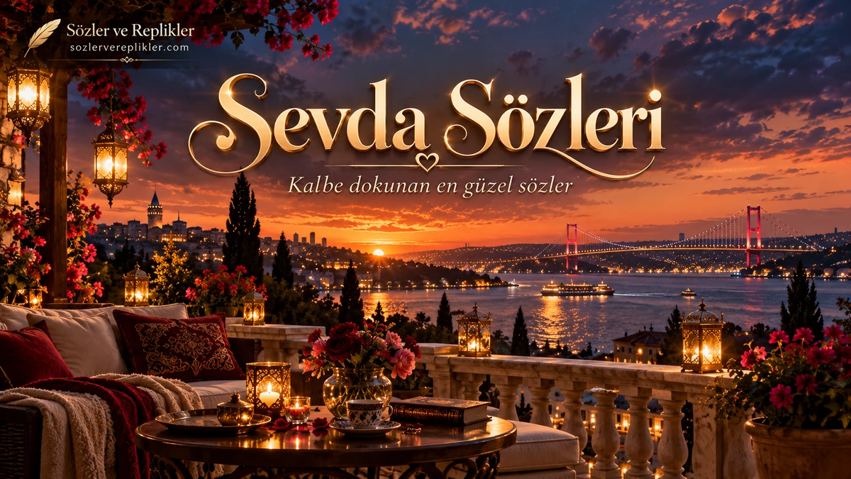 Sevda Sözleri başlığının yer aldığı, İstanbul Boğazı manzaralı, çiçekler ve fenerlerle süslenmiş romantik terasta gün batımını gösteren kapak görseli.