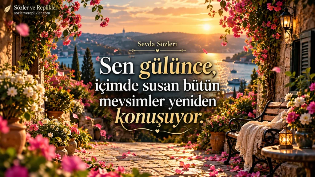 “Sen gülünce, içimde susan bütün mevsimler yeniden konuşuyor.” yazılı, çiçeklerle çevrili taş terasta deniz manzarası ve gün batımının yer aldığı resimli sevda sözü.