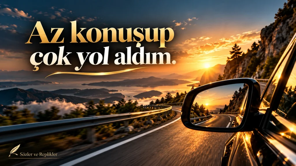 “Az konuşup çok yol aldım.” yazılı, gün batımında dağ yolu ve otomobil aynası temalı görsel.
