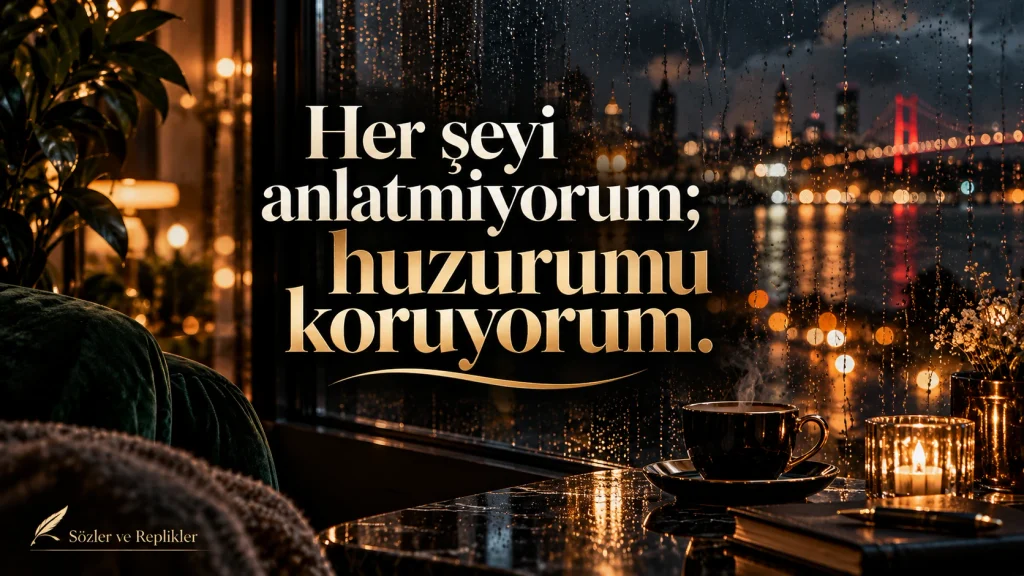 “Her şeyi anlatmıyorum; huzurumu koruyorum.” yazılı, yağmurlu pencere ve kahve temalı whatsapp durum sözleri görseli.