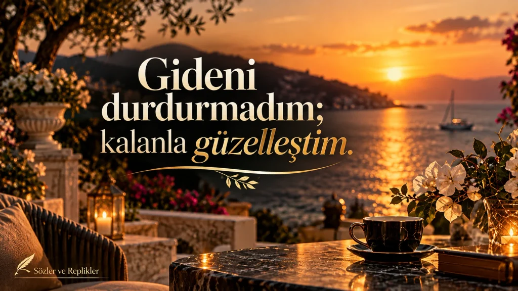 “Gideni durdurmadım; kalanla güzelleştim.” yazılı, gün batımında deniz ve çiçek temalı görsel.