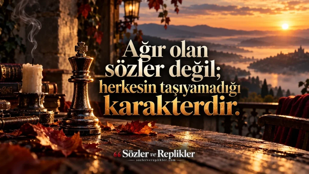 “Ağır olan sözler değil; herkesin taşıyamadığı karakterdir.” yazılı, ahşap masada siyah satranç şahı, mum ve sonbahar yaprakları bulunan resimli ağır söz.