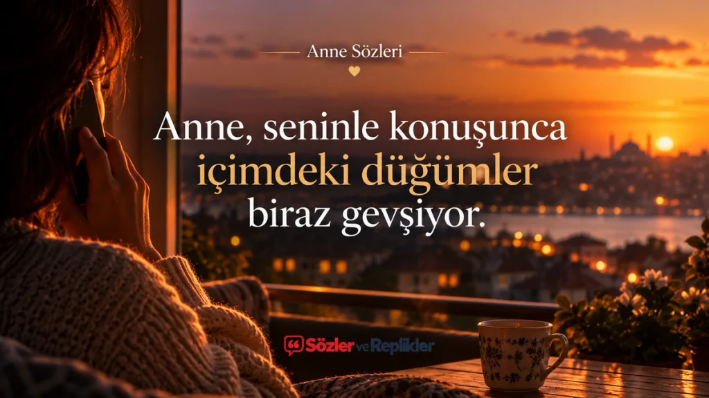 “Anne, seninle konuşunca içimdeki düğümler biraz gevşiyor.” yazılı, gün batımında telefonla konuşan ve şehre bakan kadının bulunduğu resimli anne sözü.