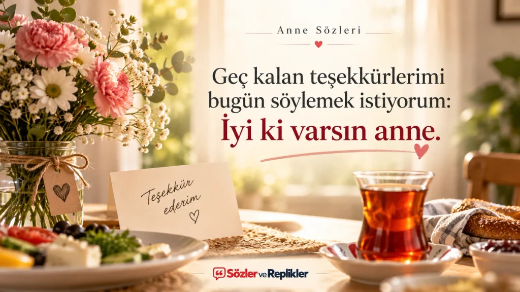 “Geç kalan teşekkürlerimi bugün söylemek istiyorum: İyi ki varsın anne.” yazılı, çiçek buketi, teşekkür kartı ve çay bardağının yer aldığı resimli anne sözü.