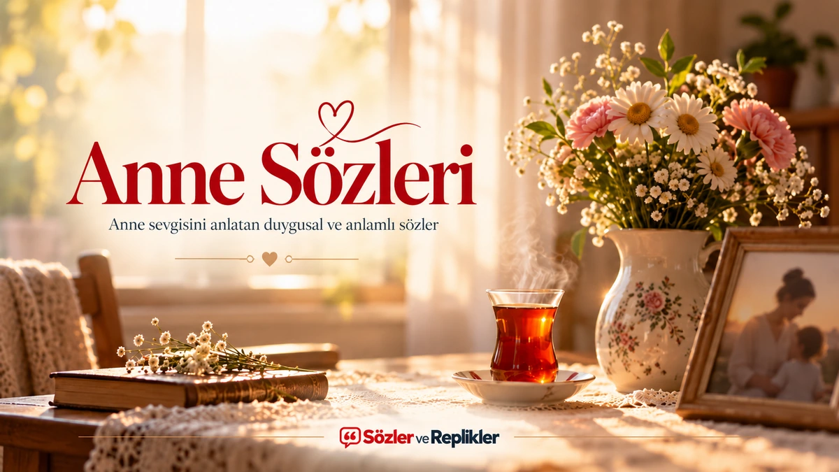 Anne Sözleri başlıklı, çiçekli vazo, çay bardağı, kitap ve çerçeveli aile fotoğrafıyla hazırlanmış sıcak ev ortamı görseli.