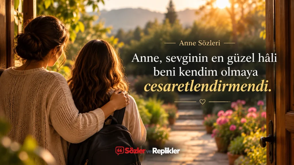 “Anne, sevginin en güzel hâli beni kendim olmaya cesaretlendirmendi.” yazılı, bahçeye açılan kapıda arkadan görünen anne ve kızının bulunduğu resimli anne sözü.