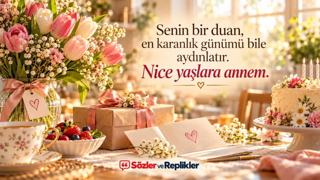 “Senin bir duan, en karanlık günümü bile aydınlatır. Nice yaşlara annem.” yazılı, pembe laleler, doğum günü pastası, hediye paketi ve tebrik kartıyla hazırlanmış anneye doğum günü mesajı görseli.