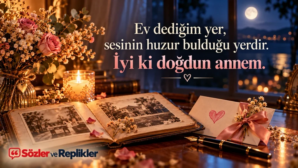“Ev dediğim yer, sesinin huzur bulduğu yerdir. İyi ki doğdun annem.” yazılı, ay ışıklı pencere önünde eski fotoğraf albümü, pembe güller, mum ve tebrik kartı bulunan duygusal görsel.