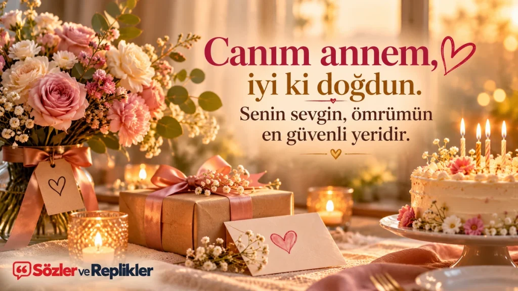“Canım annem, iyi ki doğdun. Senin sevgin, ömrümün en güvenli yeridir.” yazılı, pembe güller, kurdeleli hediye paketi, kalpli kart ve mumlarla süslenmiş doğum günü pastası görseli.