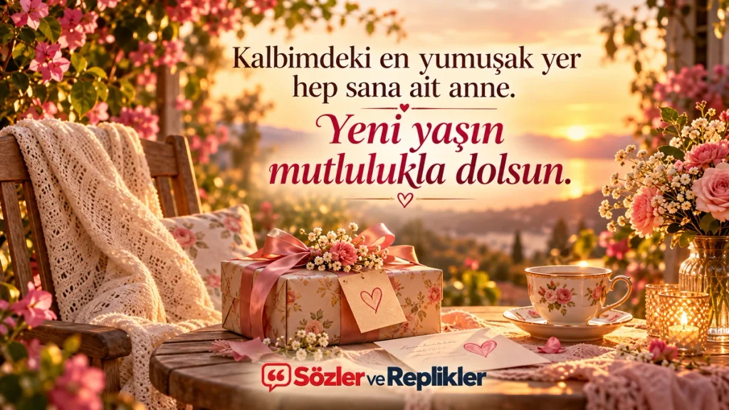 “Kalbimdeki en yumuşak yer hep sana ait anne. Yeni yaşın mutlulukla dolsun.” yazılı, gün batımına karşı çiçeklerle çevrili bahçede örgü battaniye, hediye kutusu ve kalpli tebrik kartı bulunan doğum günü görseli.