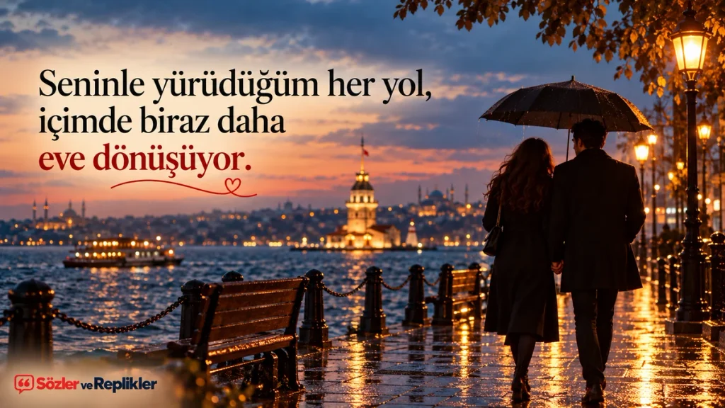 Yağmur altında yürüyen çift ve romantik aşk sözü