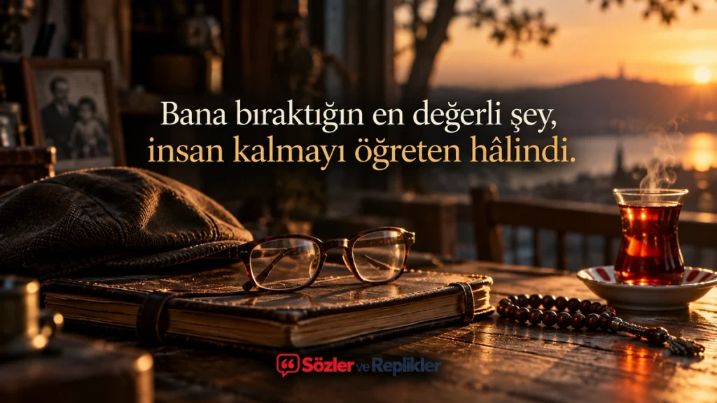 “Bana bıraktığın en değerli şey, insan kalmayı öğreten hâlindi.” yazılı, eski kasket, gözlük, defter ve çay bardağının bulunduğu hatıra masalı resimli söz.