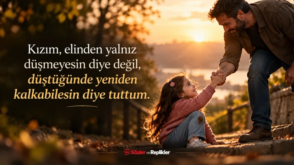 “Kızım, elinden yalnız düşmeyesin diye değil, düştüğünde yeniden kalkabilesin diye tuttum.” yazılı, taş basamaklarda kızının elinden tutan babanın yer aldığı resimli söz.