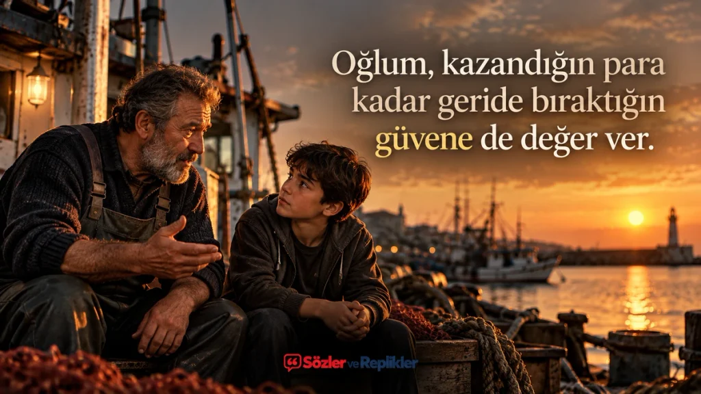 “Oğlum, kazandığın para kadar geride bıraktığın güvene de değer ver.” yazılı, limanda oturup konuşan baba ve oğlunun bulunduğu resimli baba sözü.