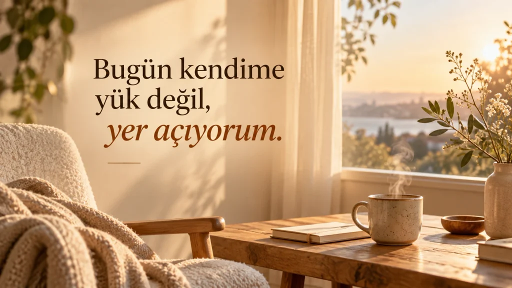 “Bugün kendime yük değil, yer açıyorum.” yazılı, gün ışığının aydınlattığı huzurlu odada koltuk, örgü battaniye, ahşap masa ve kahve fincanı bulunan resimli kısa sözler.