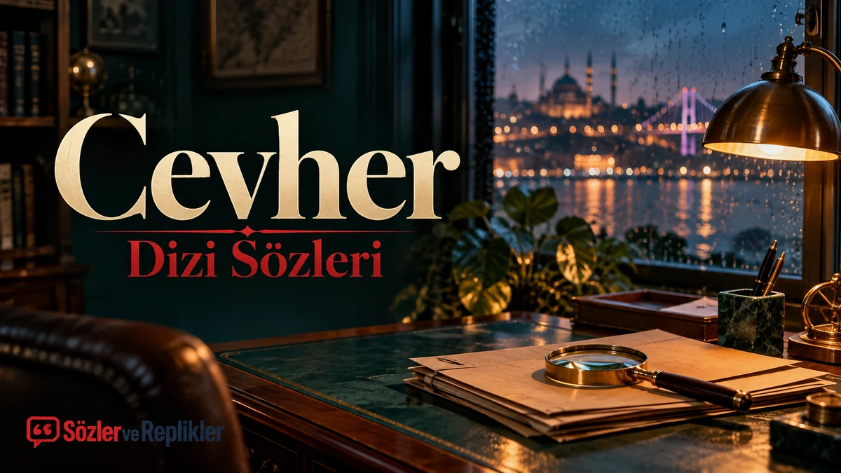 Cevher Dizi Sözleri başlığıyla, yağmurlu İstanbul manzarasına bakan çalışma masasında büyüteç, dosyalar ve masa lambasının bulunduğu temsili kapak.