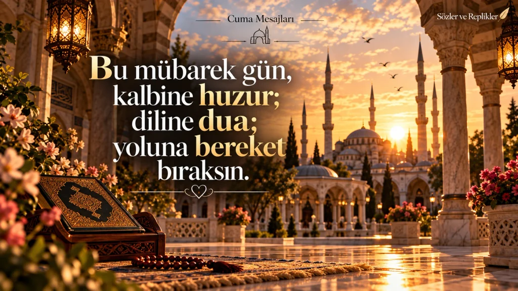 “Bu mübarek gün, kalbine huzur; diline dua; yoluna bereket bıraksın.” yazılı cuma mesajı görseli