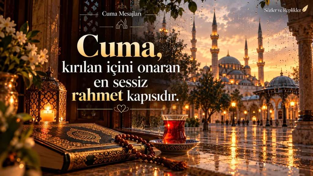 “Cuma, kırılan içini onaran en sessiz rahmet kapısıdır.” yazılı cuma mesajı görseli