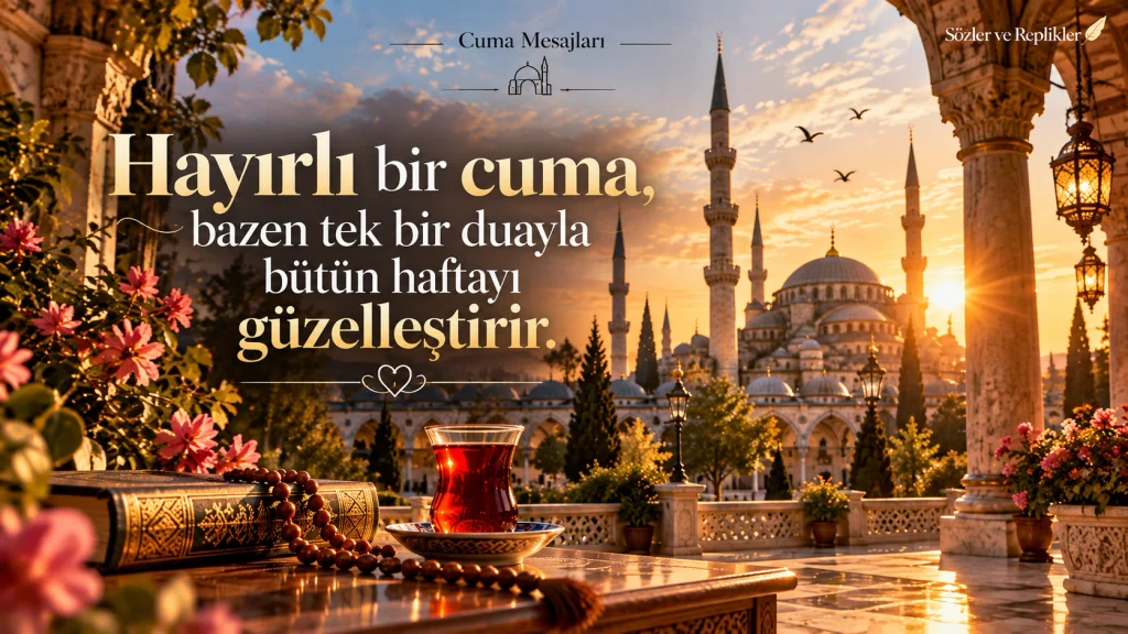 “Hayırlı bir cuma, bazen tek bir duayla bütün haftayı güzelleştirir.” yazılı cuma mesajı görseli