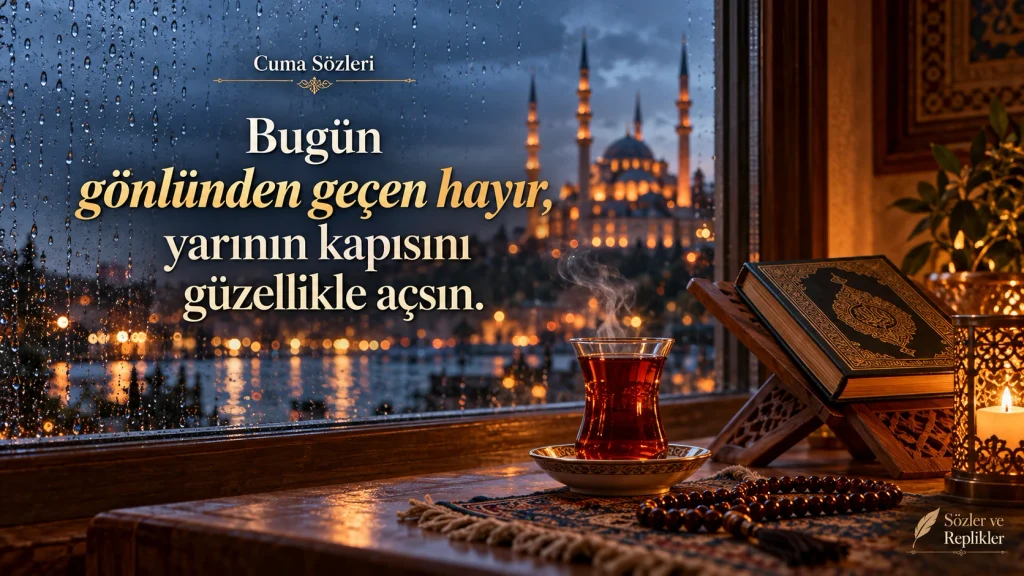 “Bugün gönlünden geçen hayır, yarının kapısını güzellikle açsın.” yazılı cuma sözleri görseli