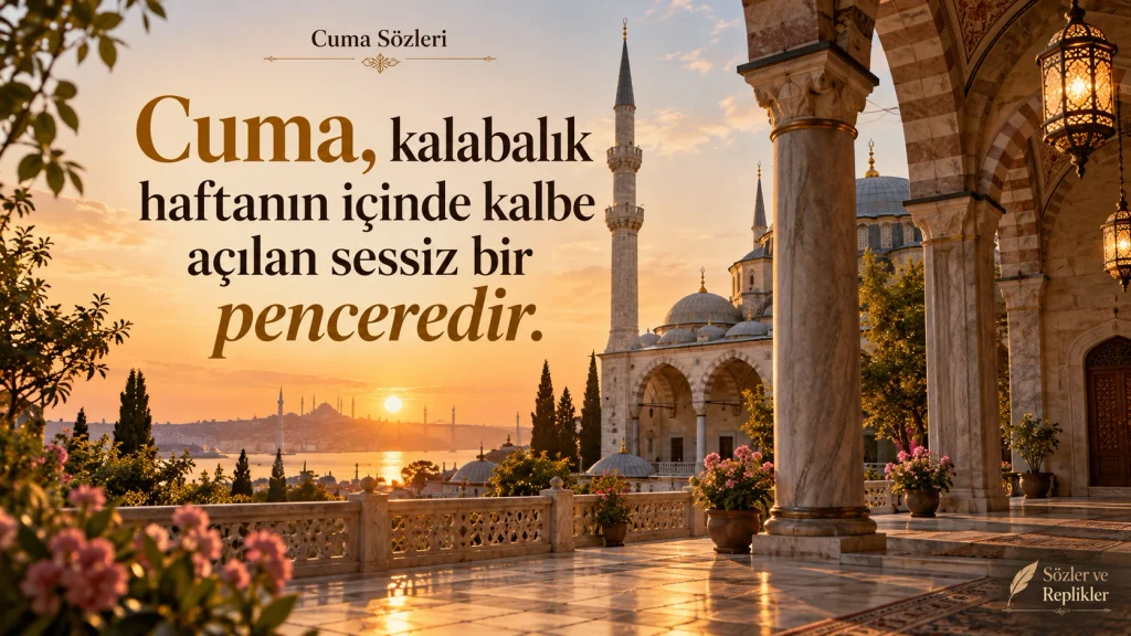 “Cuma, kalabalık haftanın içinde kalbe açılan sessiz bir penceredir.” yazılı cuma sözleri görseli
