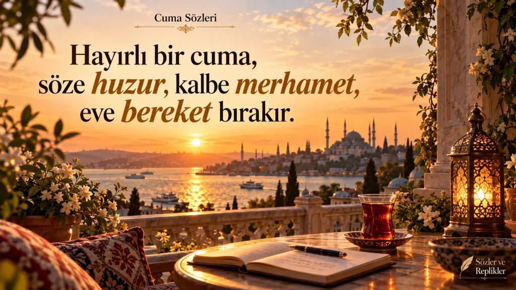“Hayırlı bir cuma, söze huzur, kalbe merhamet, eve bereket bırakır.” yazılı cuma sözleri görseli