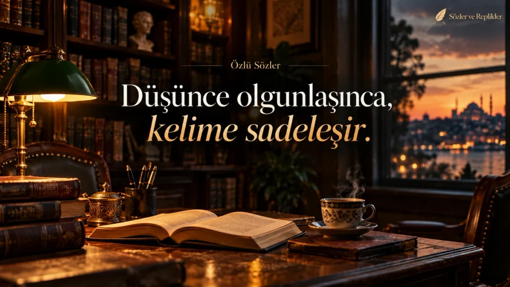 “Düşünce olgunlaşınca, kelime sadeleşir.” yazılı, kitaplarla dolu bir çalışma odasında açık kitap, yeşil masa lambası ve gün batımına bakan pencerenin bulunduğu resimli özlü söz.