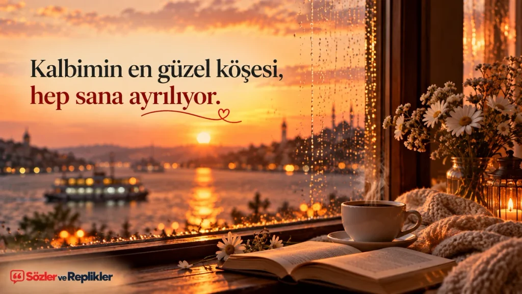 Kahve kitap ve gün batımı eşliğinde duygusal aşk sözü