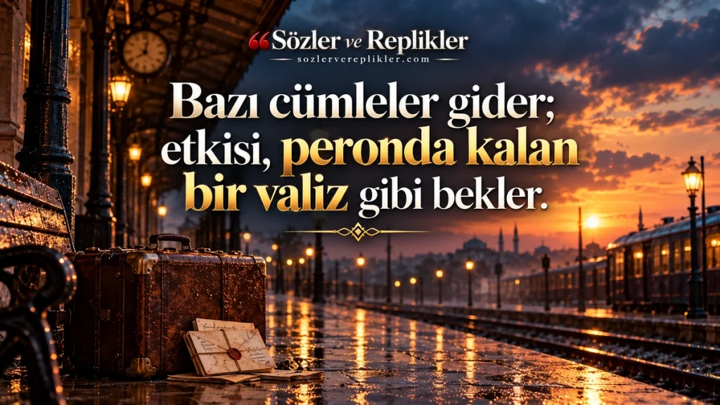 “Bazı cümleler gider; etkisi, peronda kalan bir valiz gibi bekler.” yazılı, yağmurlu tren istasyonunda eski deri valiz, mektuplar ve tren raylarının bulunduğu resimli etkileyici söz.