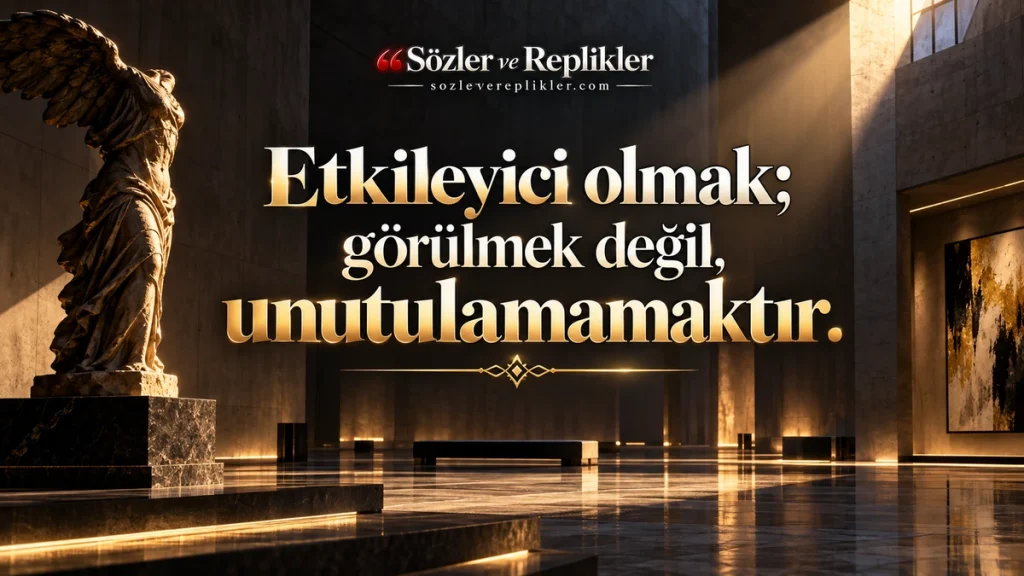 “Etkileyici olmak; görülmek değil, unutulamamaktır.” yazılı, kanatlı taş heykelin ve yüksek pencereden gelen ışığın bulunduğu modern müze salonu görseli.