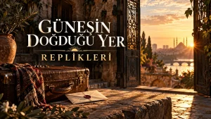 Gün doğumunda tarihi taş avlu, eski bavul, mühürlü mektup ve uzaktaki şehir manzarasıyla hazırlanan Güneşin Doğduğu Yer Replikleri kapak görseli.