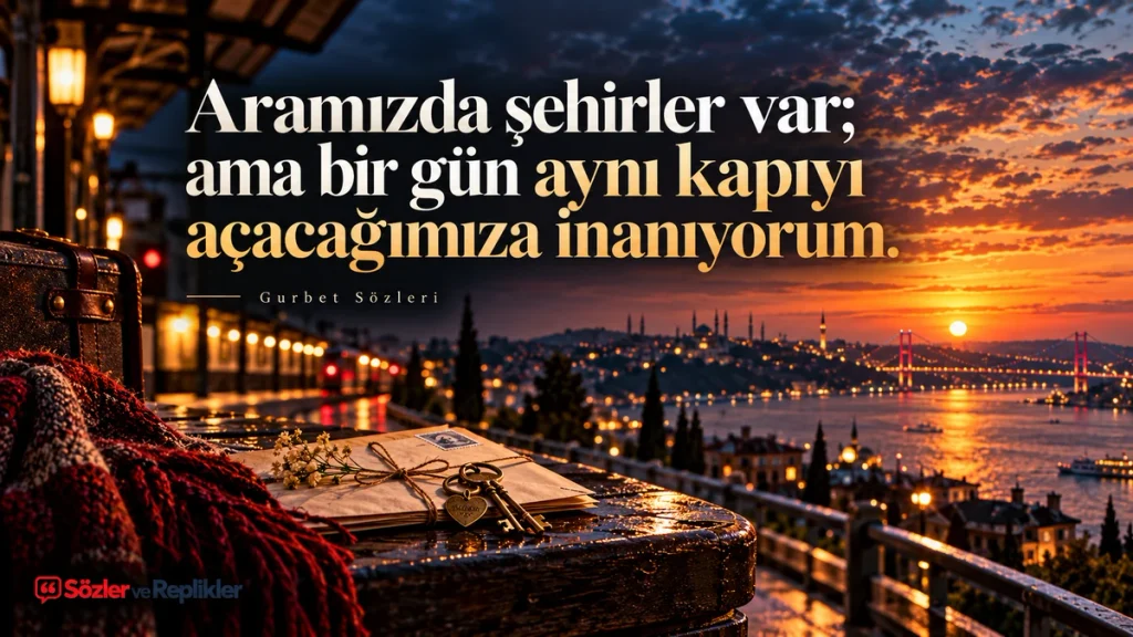 “Aramızda şehirler var; ama bir gün aynı kapıyı açacağımıza inanıyorum.” yazılı, bavul üzerinde mektup ve anahtarların bulunduğu, gün batımında şehir ve köprü manzaralı resimli gurbet sözü.