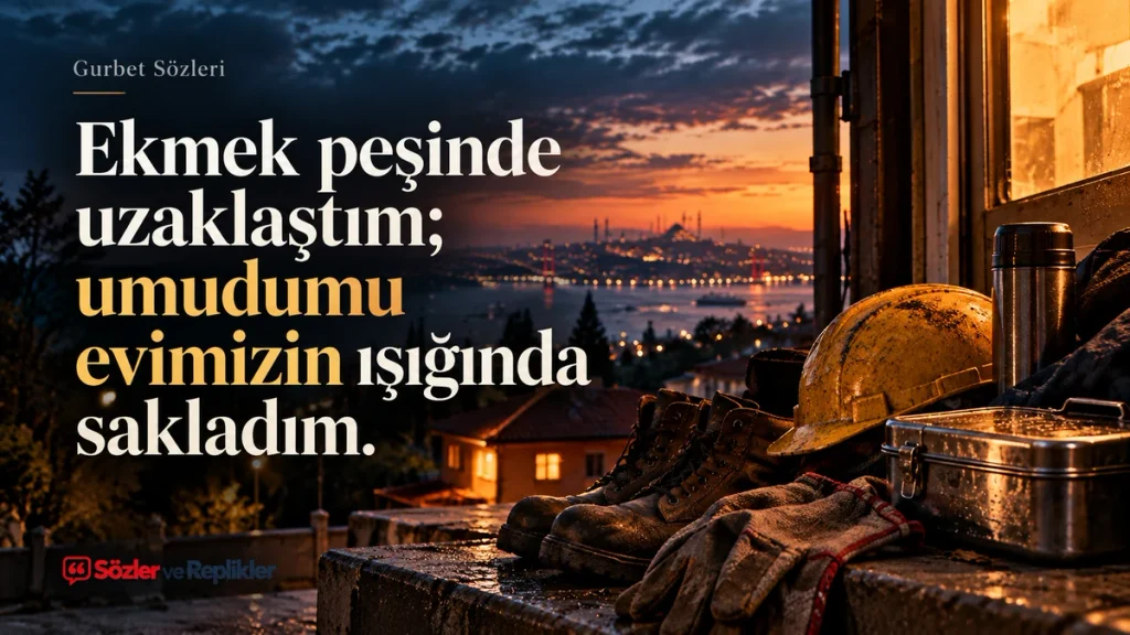 “Ekmek peşinde uzaklaştım; umudumu evimizin ışığında sakladım.” yazılı, işçi bareti, çalışma botları, eldivenler ve yemek kabının bulunduğu resimli gurbetçi sözü.