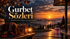 Gurbet Sözleri başlıklı, gün batımında şehir ve deniz manzarası önünde eski bavul, fener ve örgü atkı bulunan kapak görseli.