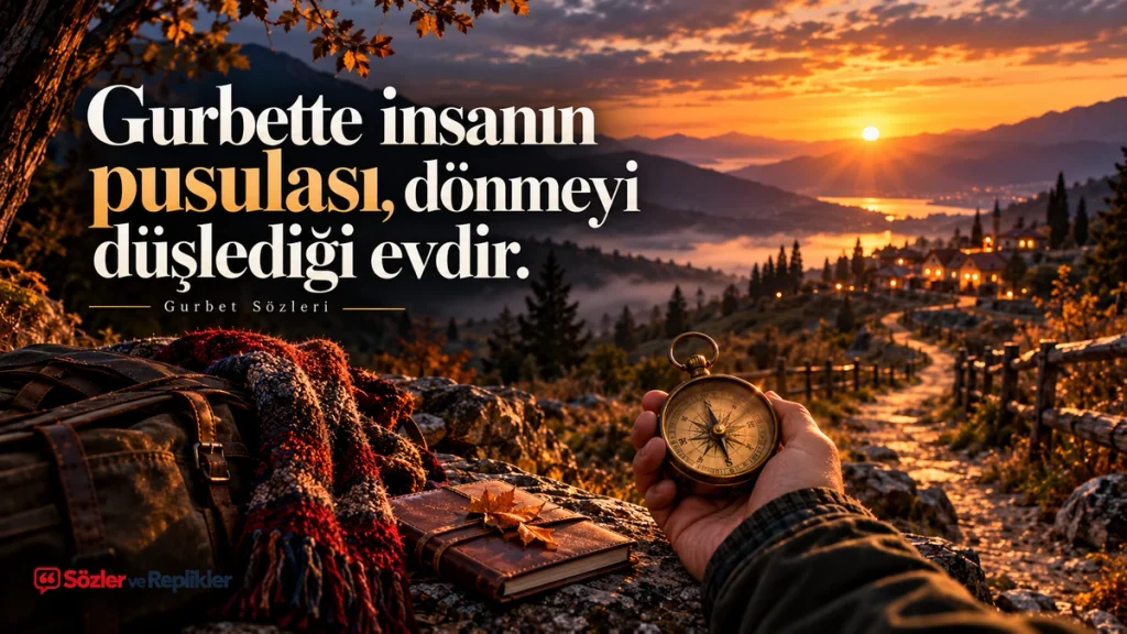 “Gurbette insanın pusulası, dönmeyi düşlediği evdir.” yazılı, elde tutulan pusula, eski bavul ve dağ köyüne uzanan patika bulunan resimli gurbet sözü.
