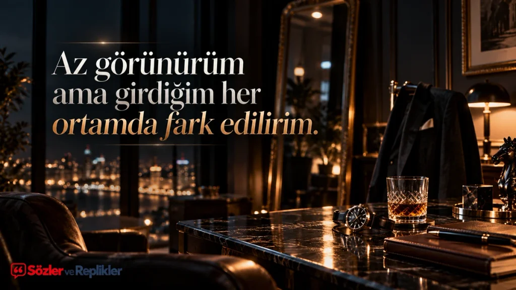 “Az görünürüm ama girdiğim her ortamda fark edilirim.” yazılı, loş ve şık bir iç mekânda ceket, kol saati ve masa detayları bulunan karizmatik söz görseli.