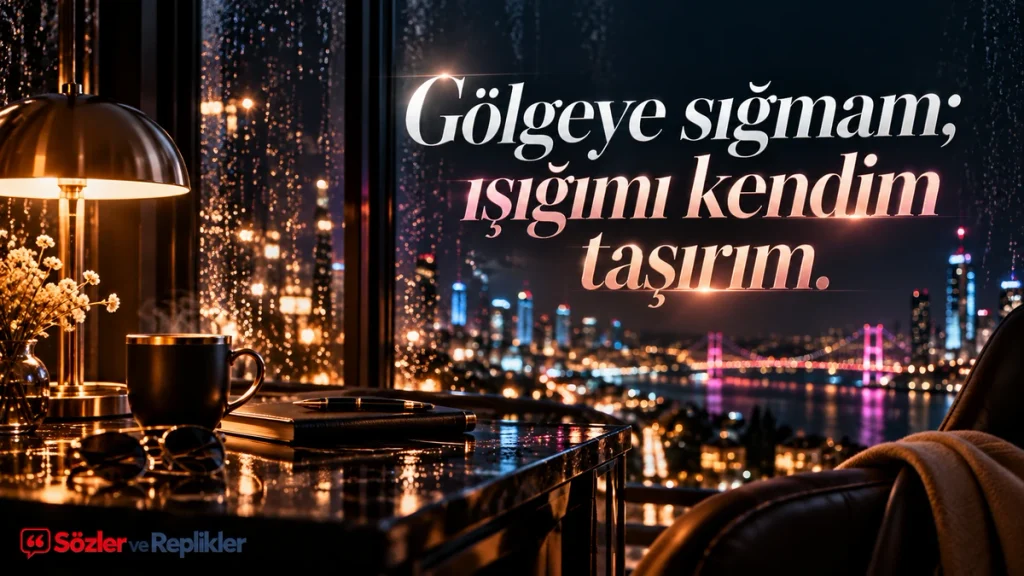 “Gölgeye sığmam; ışığımı kendim taşırım.” yazılı, yağmurlu gece manzarasına açılan pencere önünde kahve fincanı ve masa bulunan havalı söz görseli.