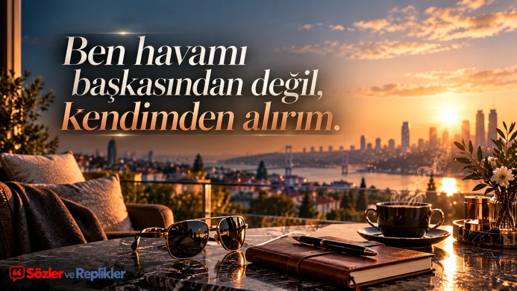 “Ben havamı başkasından değil, kendimden alırım.” yazılı, gün doğumunda şehir manzaralı terasta güneş gözlüğü, kahve ve defter bulunan resimli havalı söz.