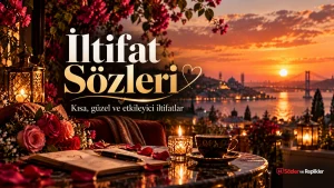 İltifat Sözleri başlıklı, İstanbul Boğazı'nda romantik gün batımı ve çiçeklerle hazırlanmış kapak görseli.