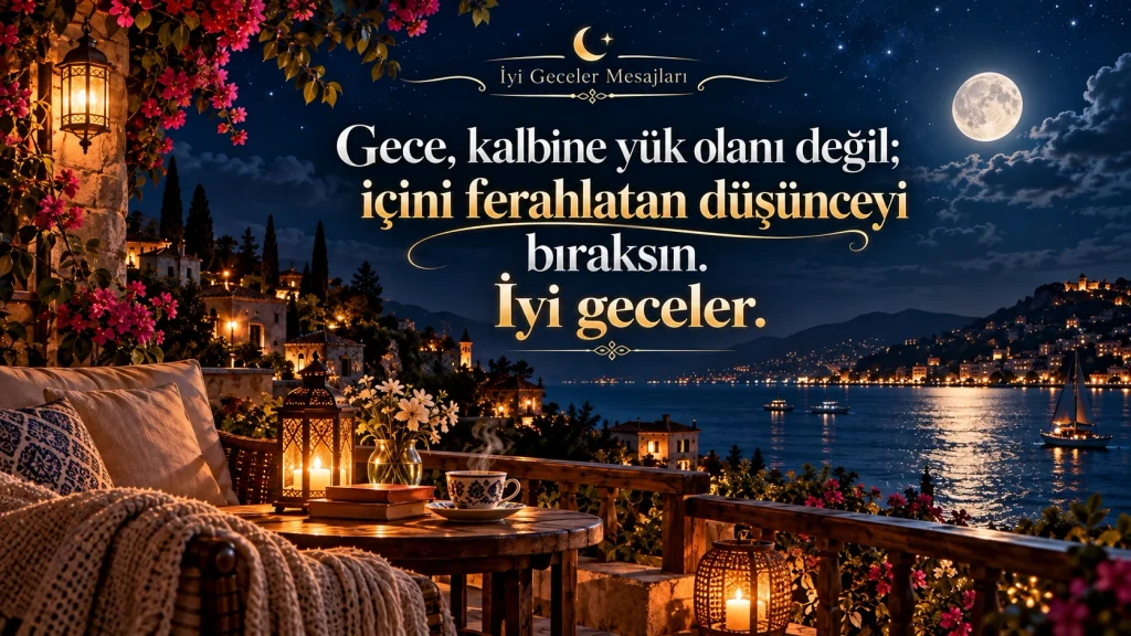 “Gece, kalbine yük olanı değil; içini ferahlatan düşünceyi bıraksın. İyi geceler.” yazılı resimli iyi geceler mesajı.