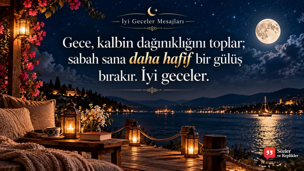 “Gece, kalbin dağınıklığını toplar; sabah sana daha hafif bir gülüş bırakır. İyi geceler.” yazılı gece mesajı görseli.