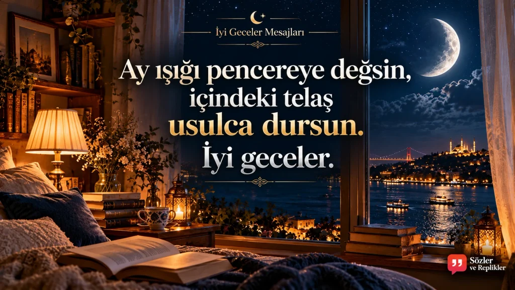 “Ay ışığı pencereye değsin, içindeki telaş usulca dursun. İyi geceler.” yazılı resimli iyi geceler sözü.