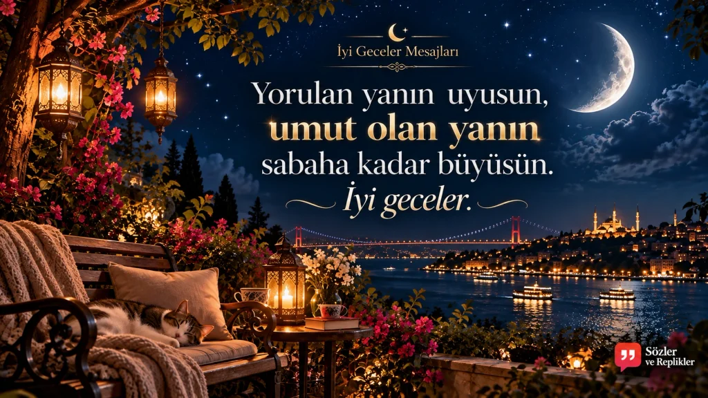 “Yorulan yanın uyusun, umut olan yanın sabaha kadar büyüsün. İyi geceler.” yazılı resimli gece mesajı.