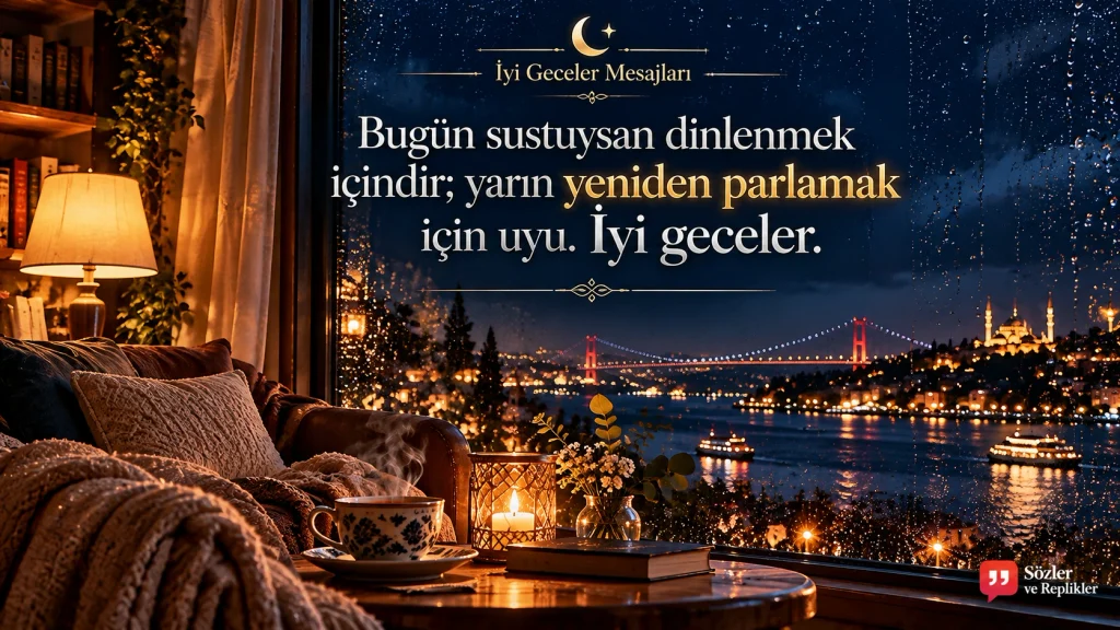 “Bugün sustuysan dinlenmek içindir; yarın yeniden parlamak için uyu. İyi geceler.” yazılı resimli iyi geceler mesajı.
