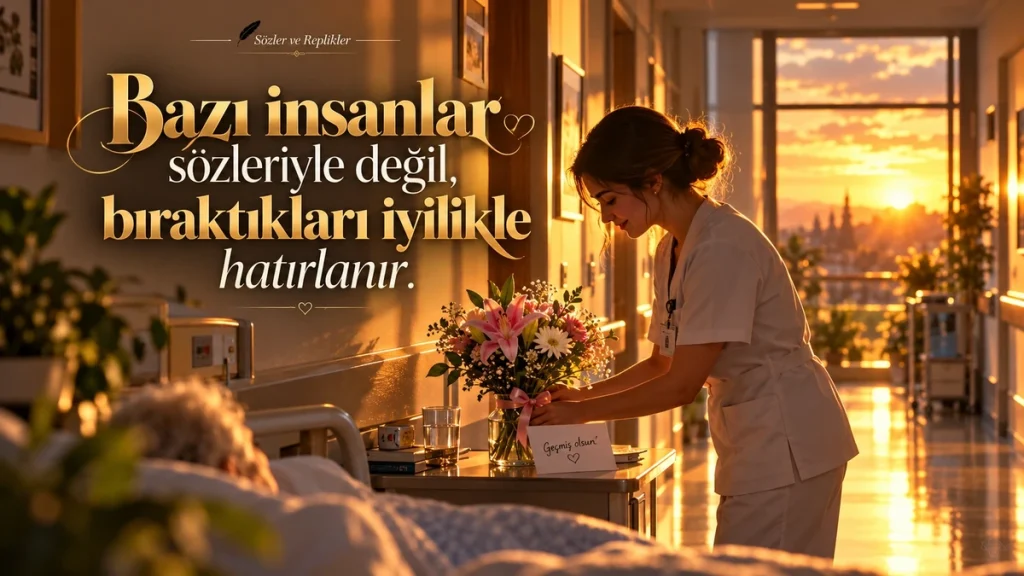 “Bazı insanlar sözleriyle değil, bıraktıkları iyilikle hatırlanır.” yazılı, hastane odasında bir sağlık çalışanının hasta yatağının yanına çiçek bıraktığı resimli iyilik sözü.