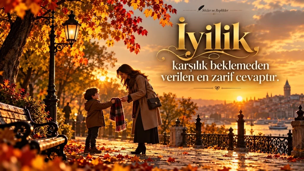 “İyilik, karşılık beklemeden verilen en zarif cevaptır.” yazılı, sonbahar yapraklarıyla kaplı sahil yolunda bir çocuğun kadına atkı uzattığı resimli iyilik sözü.