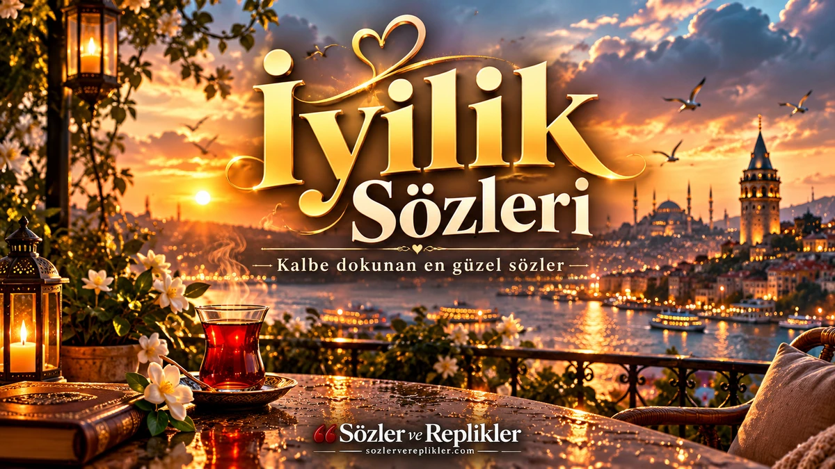 İyilik Sözleri başlıklı, İstanbul Boğazı manzarası önünde çay bardağı, çiçekler, kitap ve dekoratif fenerlerin bulunduğu gün batımı temalı kapak görseli.
