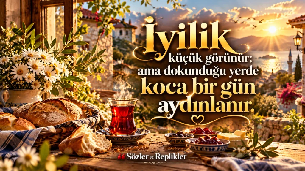 “İyilik küçük görünür; ama dokunduğu yerde koca bir gün aydınlanır.” yazılı, çiçekli köy terasında ekmek sepeti, kahvaltı tabakları ve çay bardağı bulunan resimli iyilik sözü.