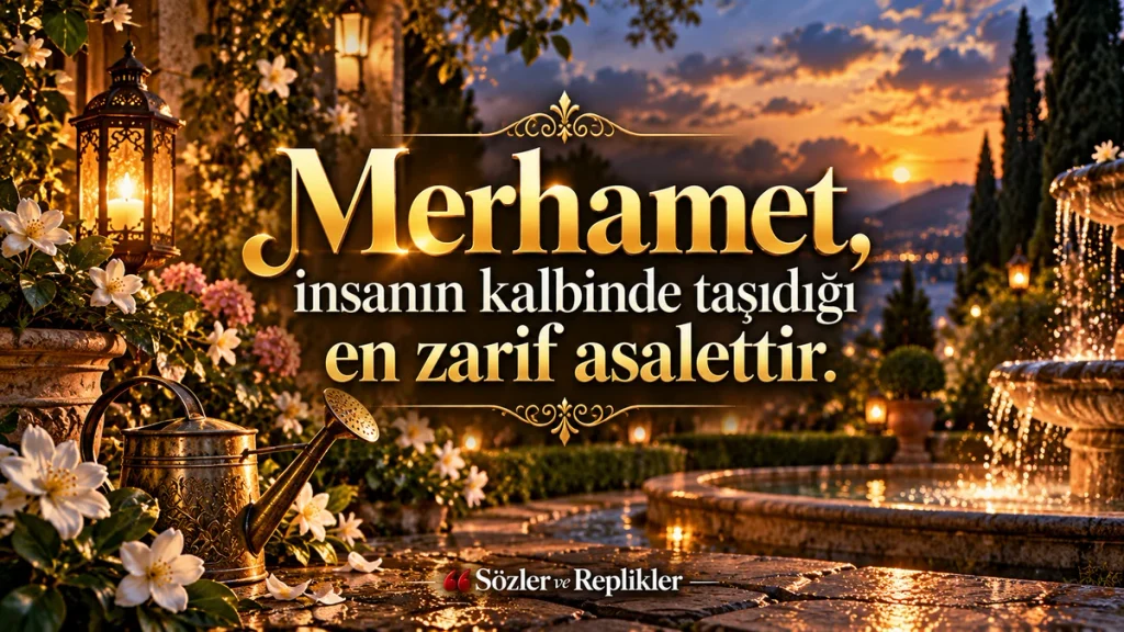 “Merhamet, insanın kalbinde taşıdığı en zarif asalettir.” yazılı, çiçeklerle çevrili bahçede süslü sulama kabı, fener ve taş süs havuzu bulunan resimli merhamet sözü.